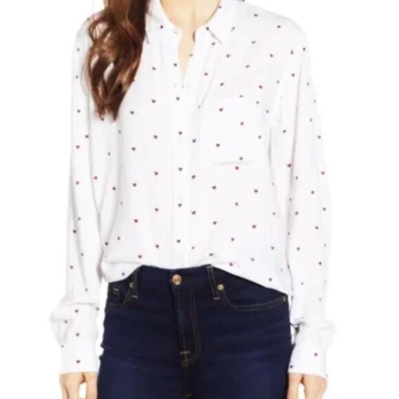 Rails Shirt Womens Small White Multi Heart Print Button Up Long Sleeve Rayon lov - Picture 1 of 16